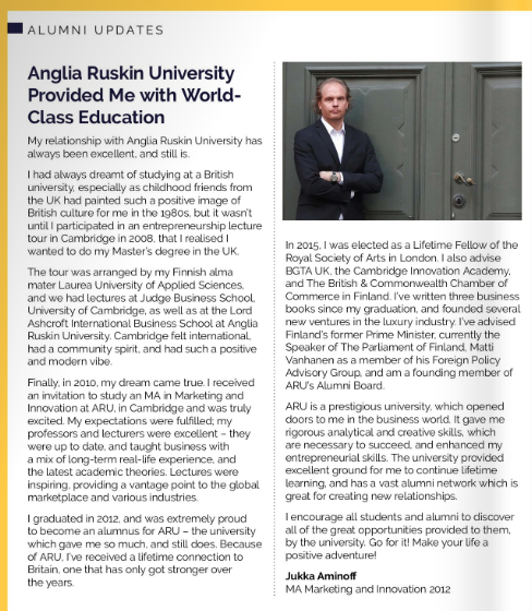 Jukka Aminoff FRSA's Interview for the Anglia Ruskin University Connect Magazine